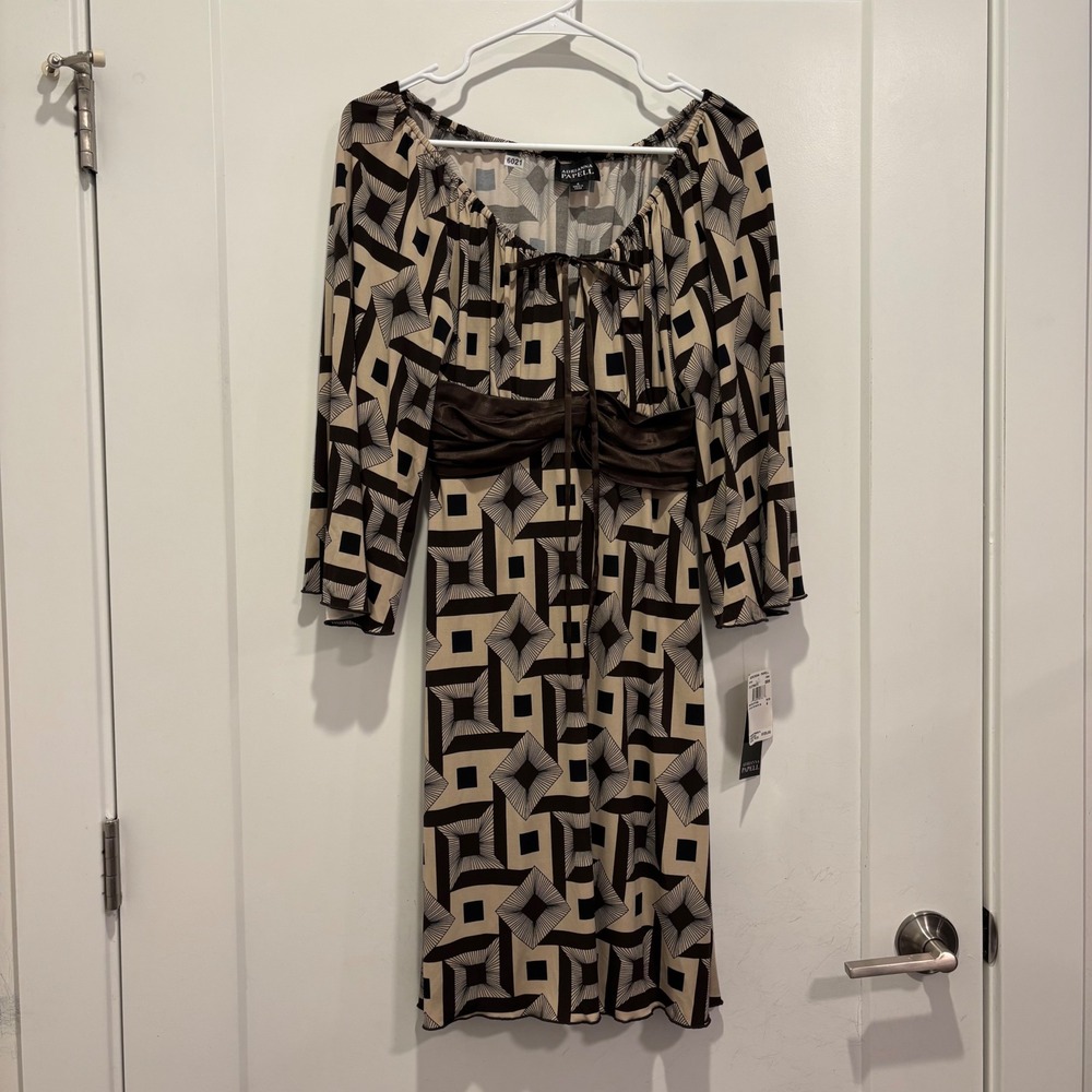 Adrianna Papell Geometric Print Smocked Empire Waist Dress Brown Tan 4 013756470